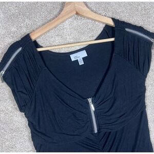 Linea‎ Domani Black V-Neck Top M Zipper Accent Ruched Blouse Whimsygoth Y2K